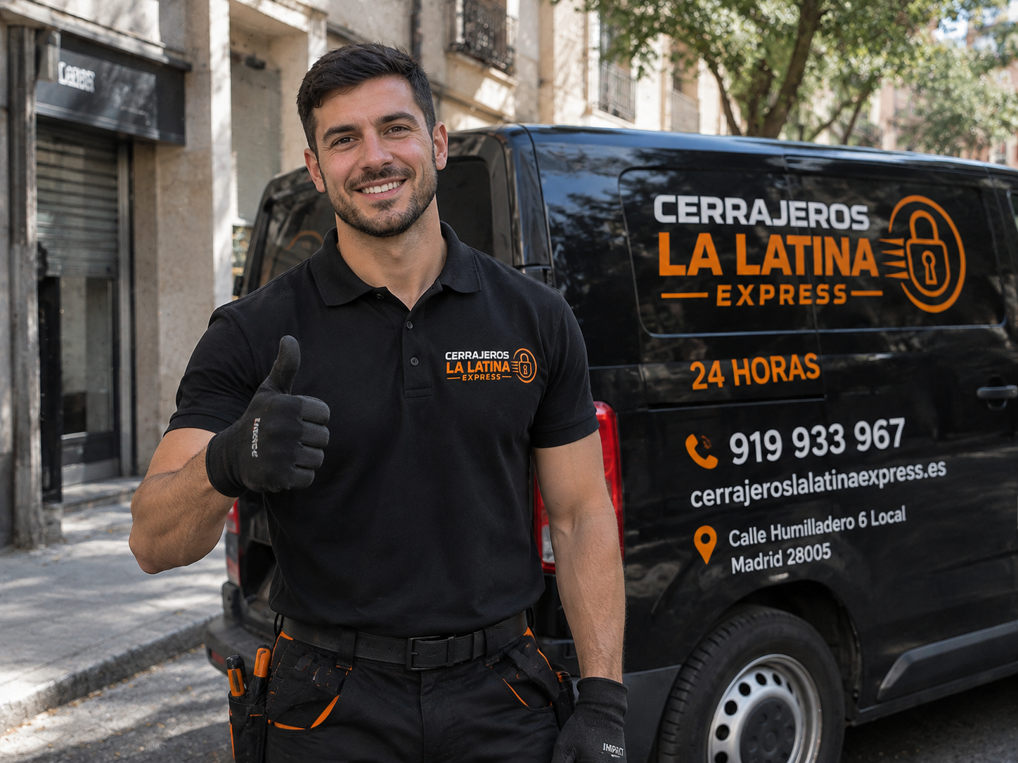 Cerrajero a domicilio de Cerrajeros La Latina Express junto a su furgoneta en Madrid