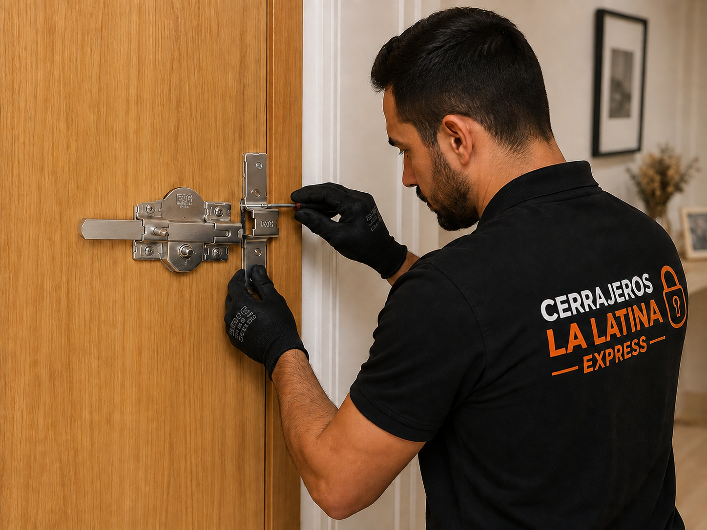 Instalación de cerrojo de seguridad FAC en una puerta de vivienda en Madrid