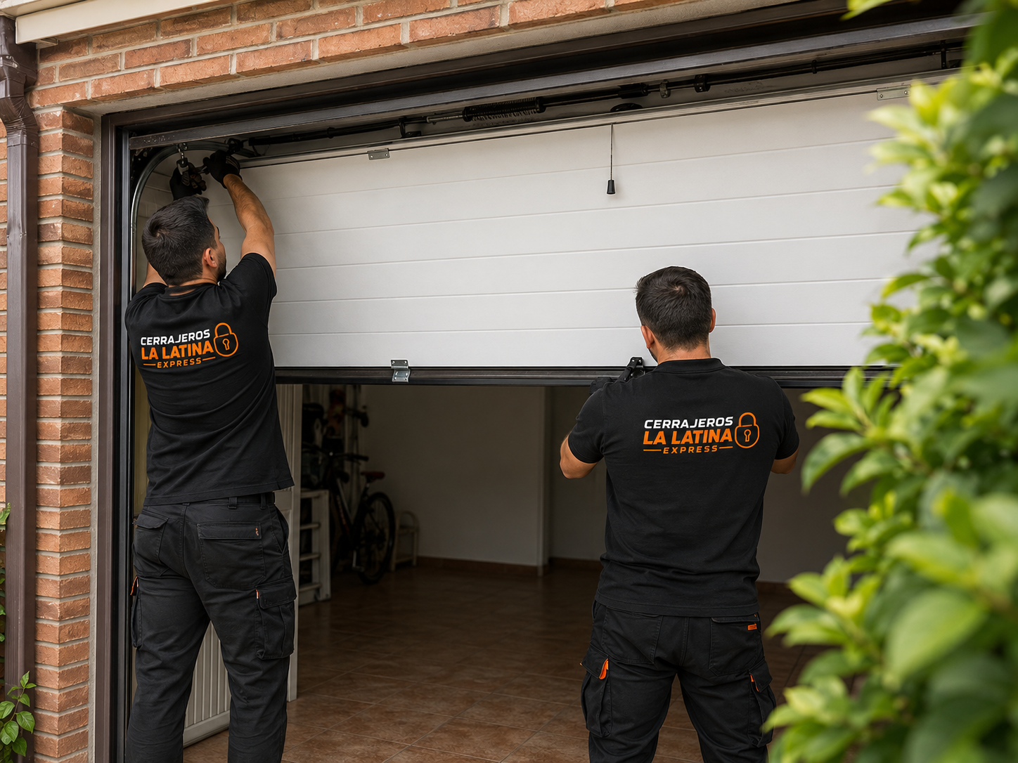 Cerrajeros reparando una puerta de garaje seccional a domicilio en Madrid